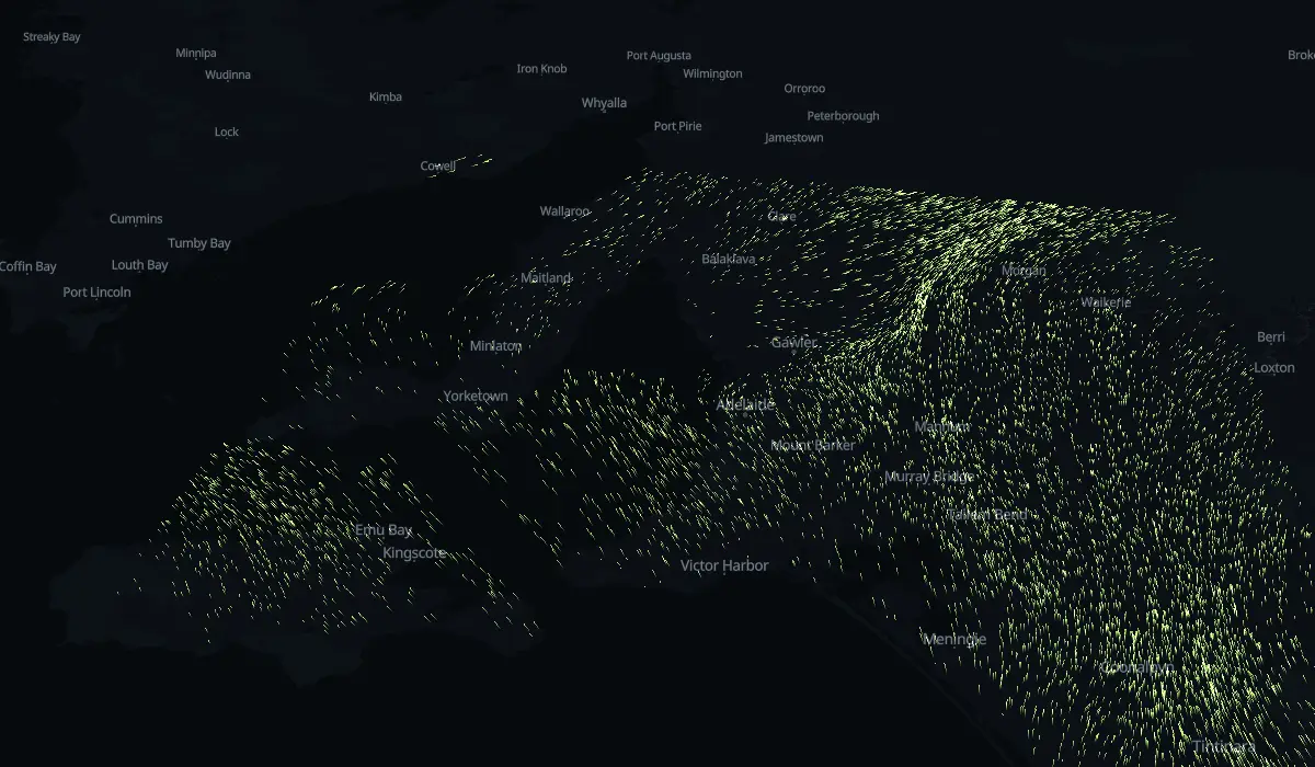 Map of today's grass pollen drifting on the wind